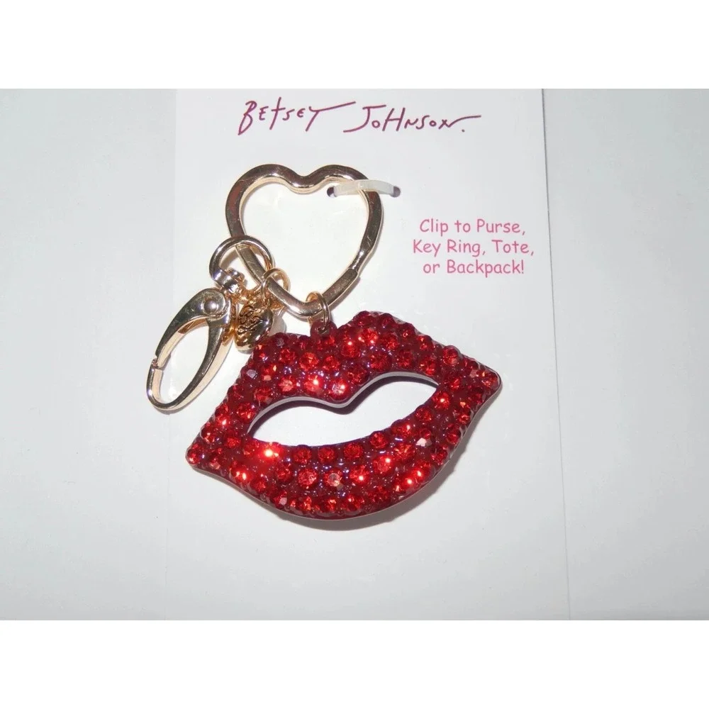 Authentic Betsey Johnson Red Lips Crystal Purse Bag Charm Clip Key Ring New